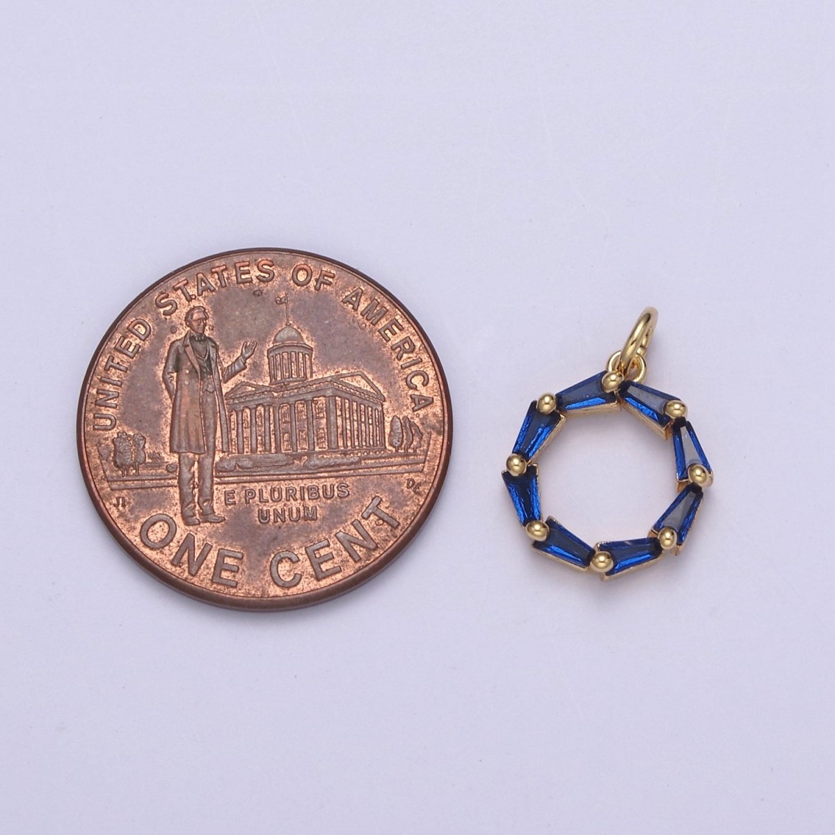 Blue Baguette Cubic Zirconia Charm, Dainty Round Circle CZ Charm, Birthstone Charm, 14K Gold plated Charm N-753 - DLUXCA