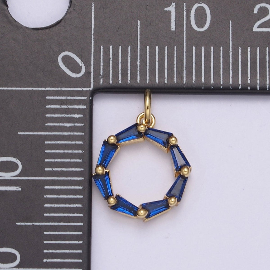 Blue Baguette Cubic Zirconia Charm, Dainty Round Circle CZ Charm, Birthstone Charm, 14K Gold plated Charm N-753 - DLUXCA