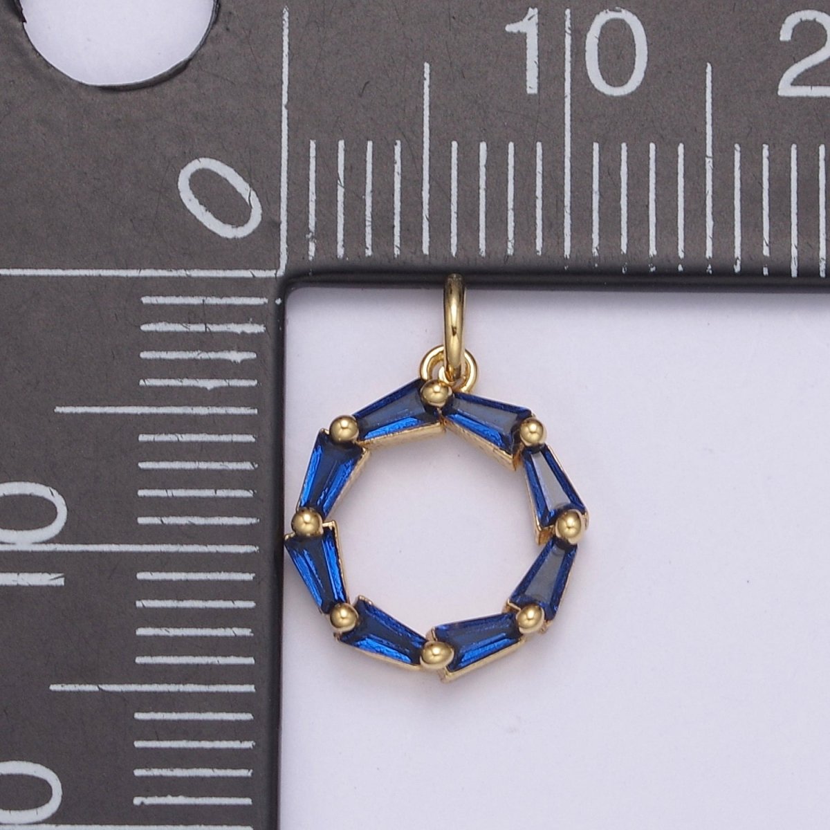 Blue Baguette Cubic Zirconia Charm, Dainty Round Circle CZ Charm, Birthstone Charm, 14K Gold plated Charm N-753 - DLUXCA