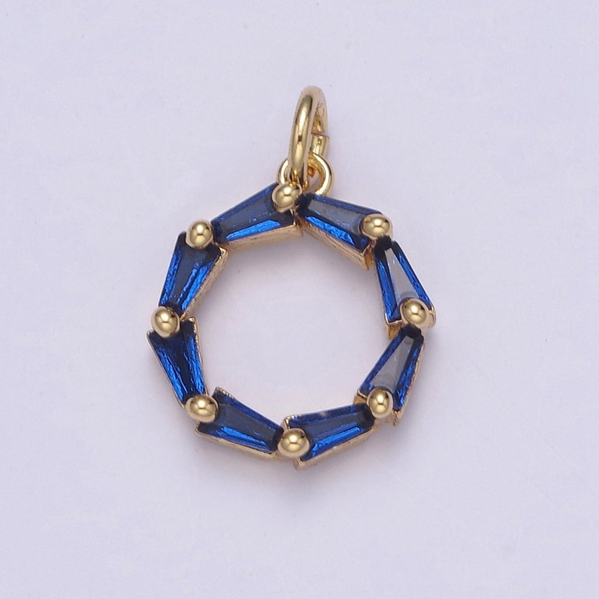 Blue Baguette Cubic Zirconia Charm, Dainty Round Circle CZ Charm, Birthstone Charm, 14K Gold plated Charm N-753 - DLUXCA