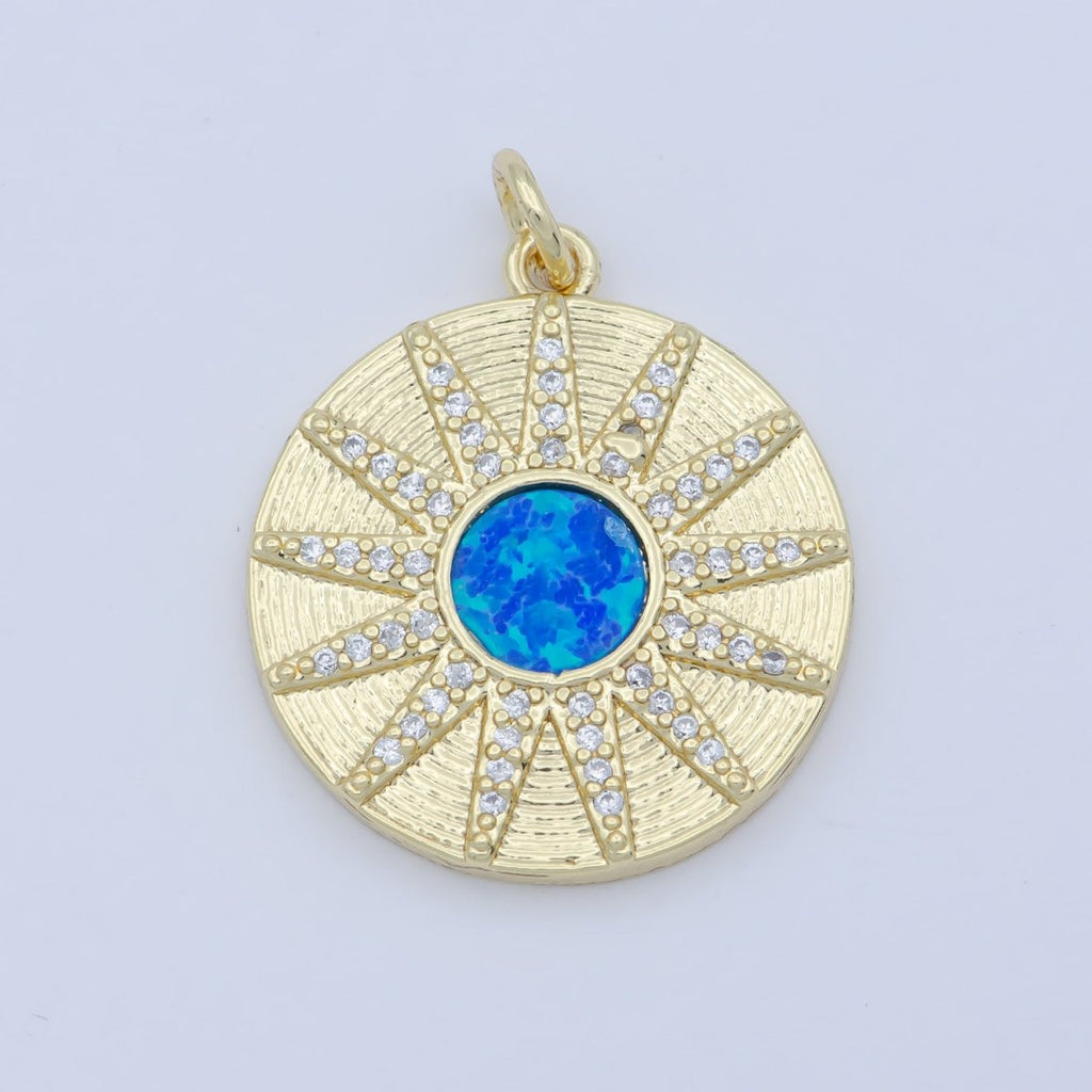 Blue Crystal Gold plated Sun Flower Round Coin Charm M-354 - DLUXCA