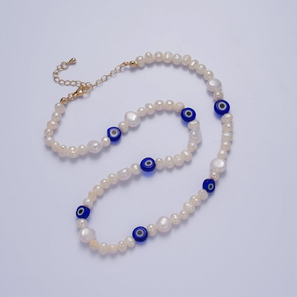 Blue Evil Eye Beaded Choker Necklace for Women Freshwater Pearl Choker Necklace Boho Handmade 18K Gold plated Y2K Jewelry | WA-1024 Clearance Pricing - DLUXCA