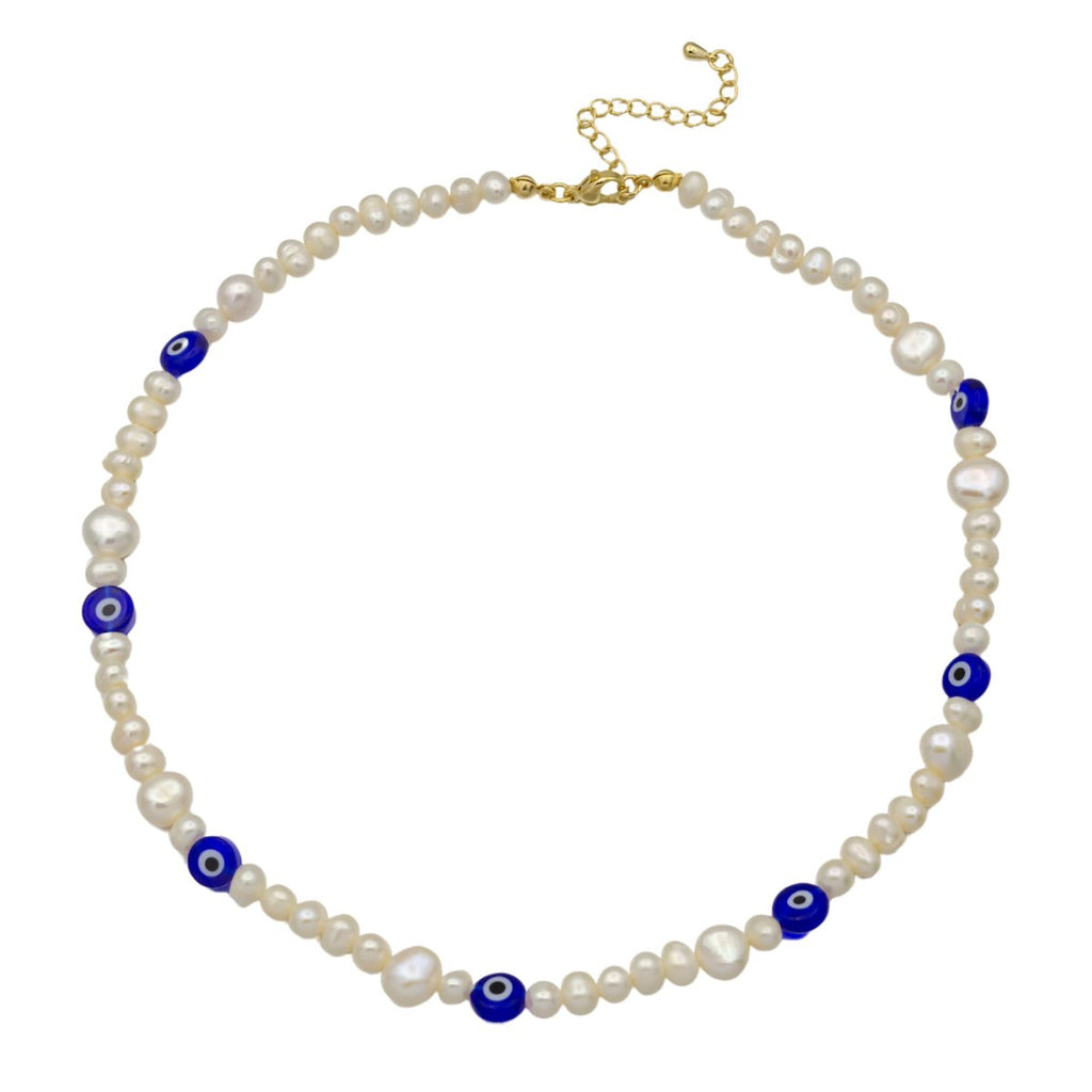 Blue Evil Eye Beaded Choker Necklace for Women Freshwater Pearl Choker Necklace Boho Handmade 18K Gold plated Y2K Jewelry | WA-1024 Clearance Pricing - DLUXCA