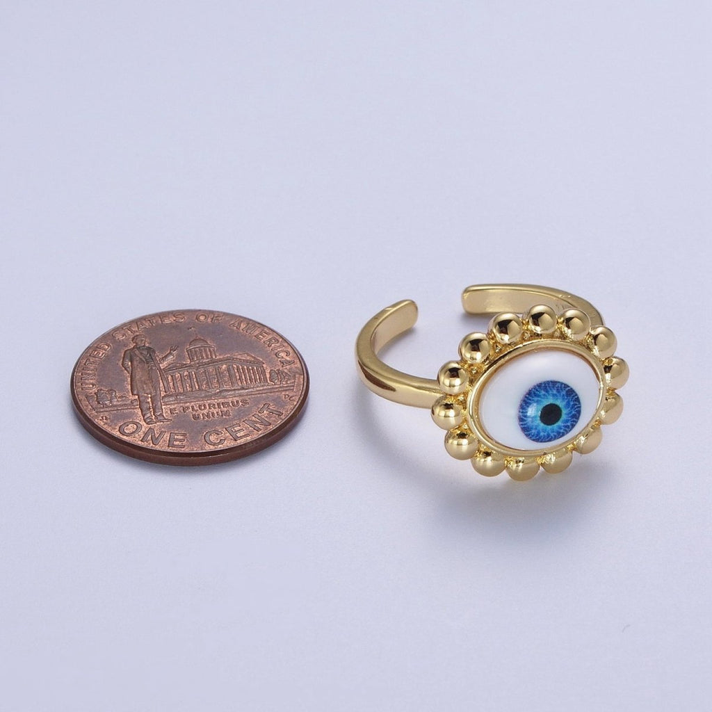 Blue Evil Eye of Ra Round Beaded Bezel Gold Adjustable Protection Ring | O-2001 - DLUXCA