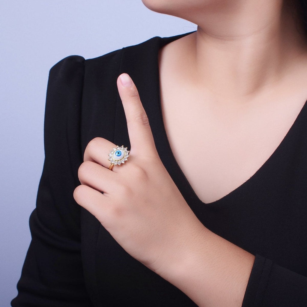 Blue Evil Eye of Ra Round Cubic Zirconia Bezel Gold Adjustable Protection Ring | O-2000 - DLUXCA