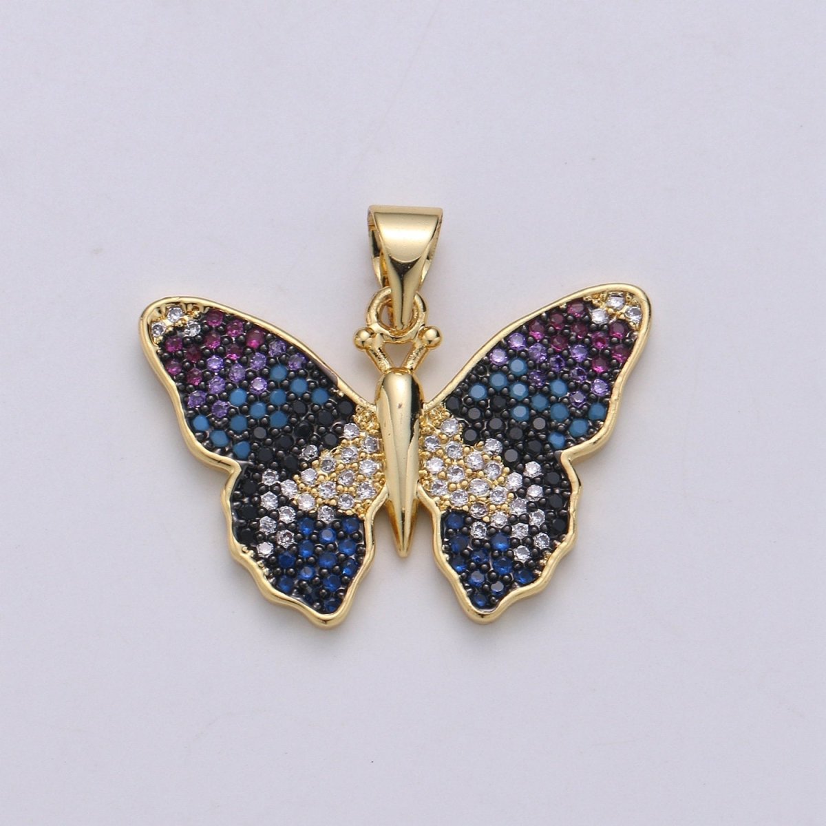Blue Gradation Butterfly Micro Pave 24K Gold plated Pendant, Cubic Zirconia Butterfly Pendant Charm Connector, For DIY Jewelry J-128 - DLUXCA