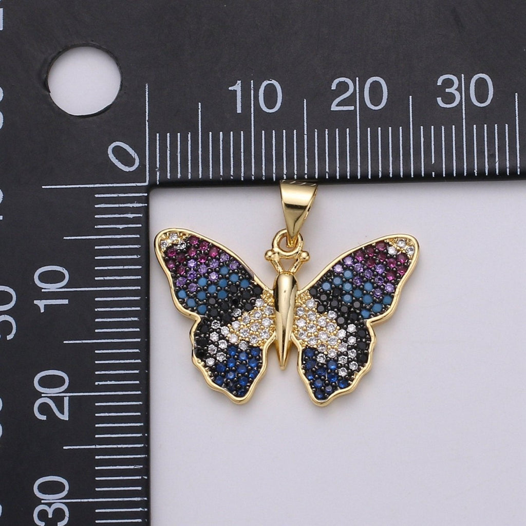 Blue Gradation Butterfly Micro Pave 24K Gold plated Pendant, Cubic Zirconia Butterfly Pendant Charm Connector, For DIY Jewelry J-128 - DLUXCA
