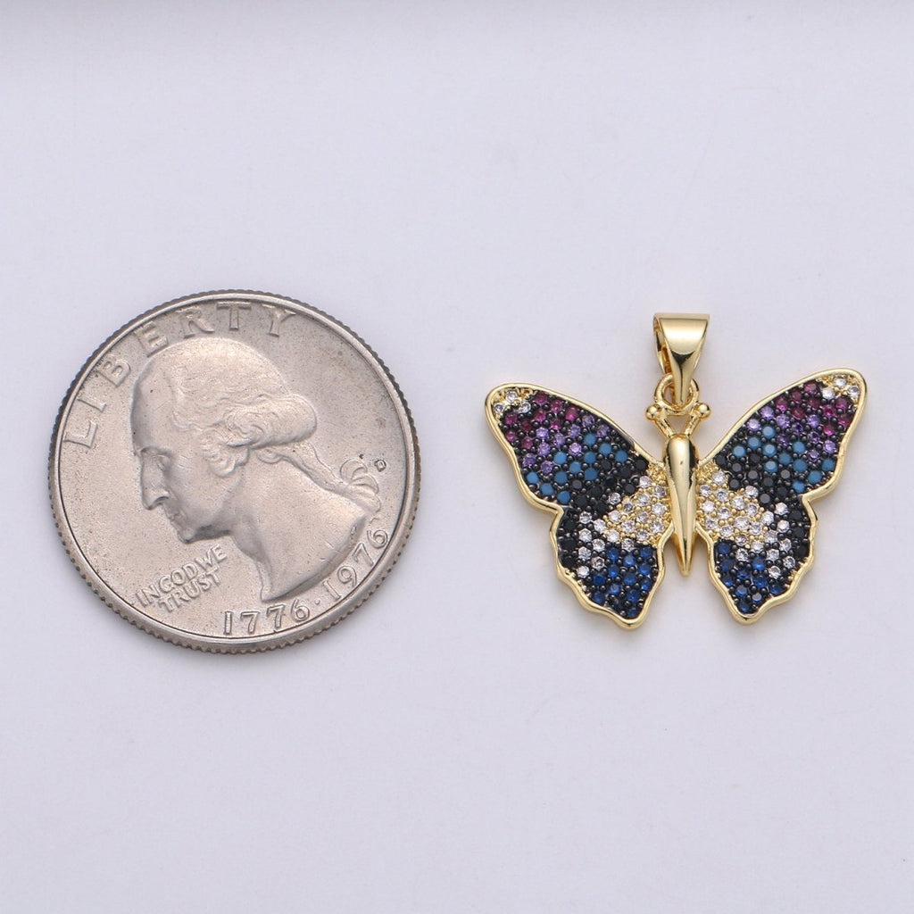 Blue Gradation Butterfly Micro Pave 24K Gold plated Pendant, Cubic Zirconia Butterfly Pendant Charm Connector, For DIY Jewelry J-128 - DLUXCA