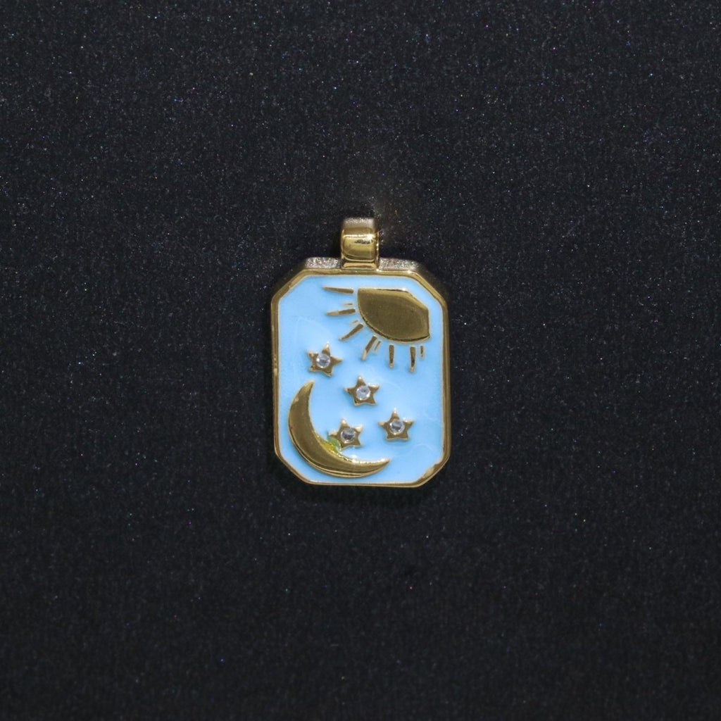 Blue Tag Charm Crescent Moon Star Pendant 14k Gold plated Tile Celestial Charm N-1321 - DLUXCA
