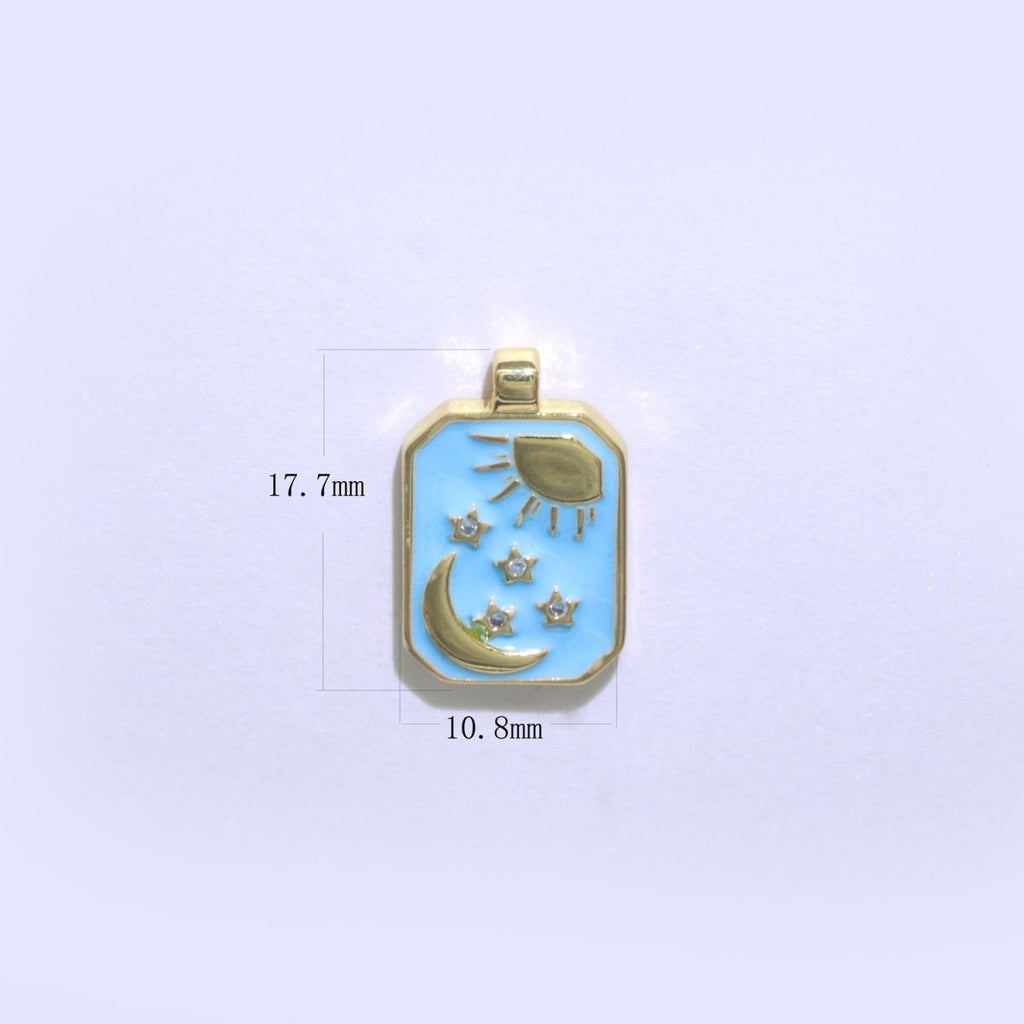 Blue Tag Charm Crescent Moon Star Pendant 14k Gold plated Tile Celestial Charm N-1321 - DLUXCA
