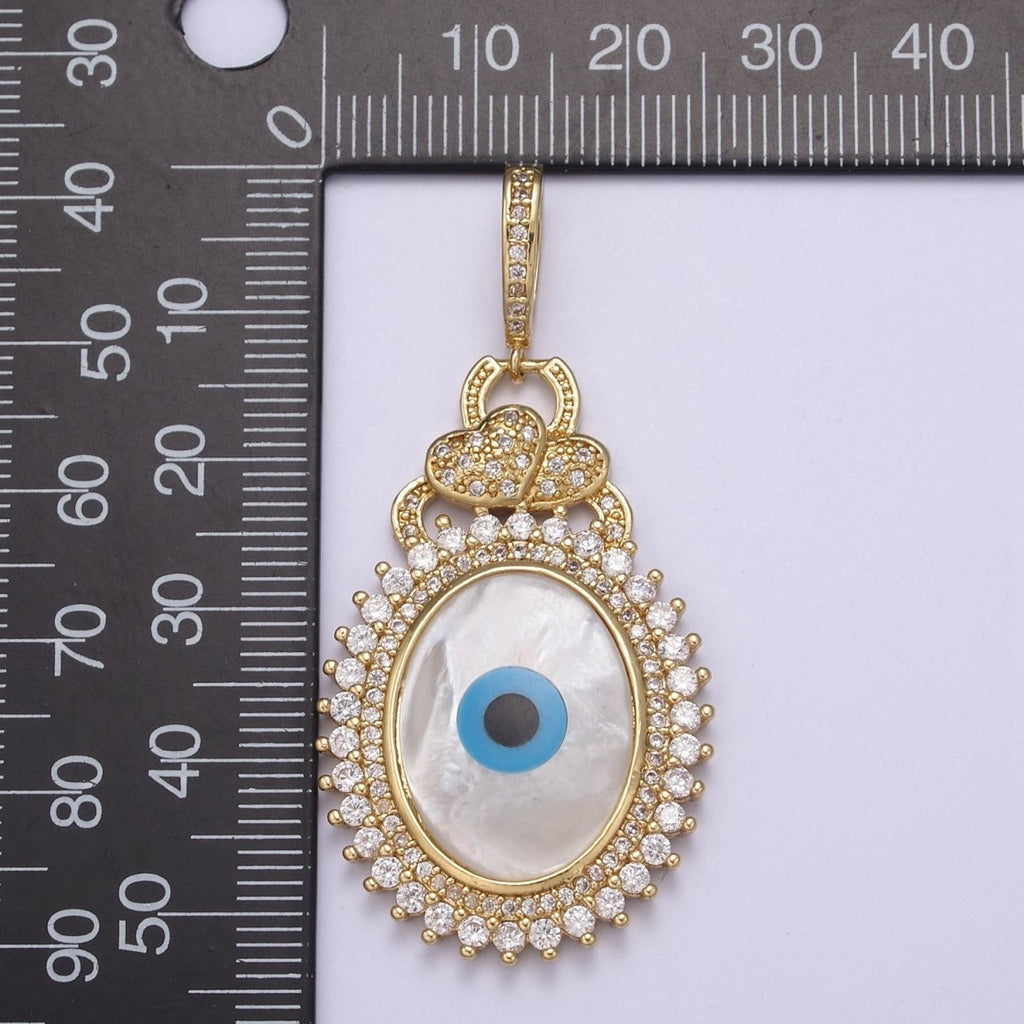 Bold 14K Gold plated Evil Eye Pendant With Shell Pearl Encrusted with Clear Cubic Zirconia CZ Talisman Amulet Pendant For Statement Jewelry Necklace Making H-830 - DLUXCA