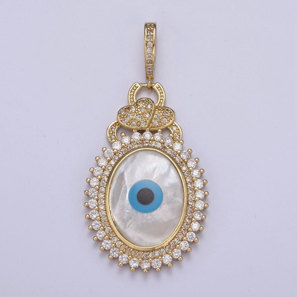 Bold 14K Gold plated Evil Eye Pendant With Shell Pearl Encrusted with Clear Cubic Zirconia CZ Talisman Amulet Pendant For Statement Jewelry Necklace Making H-830 - DLUXCA