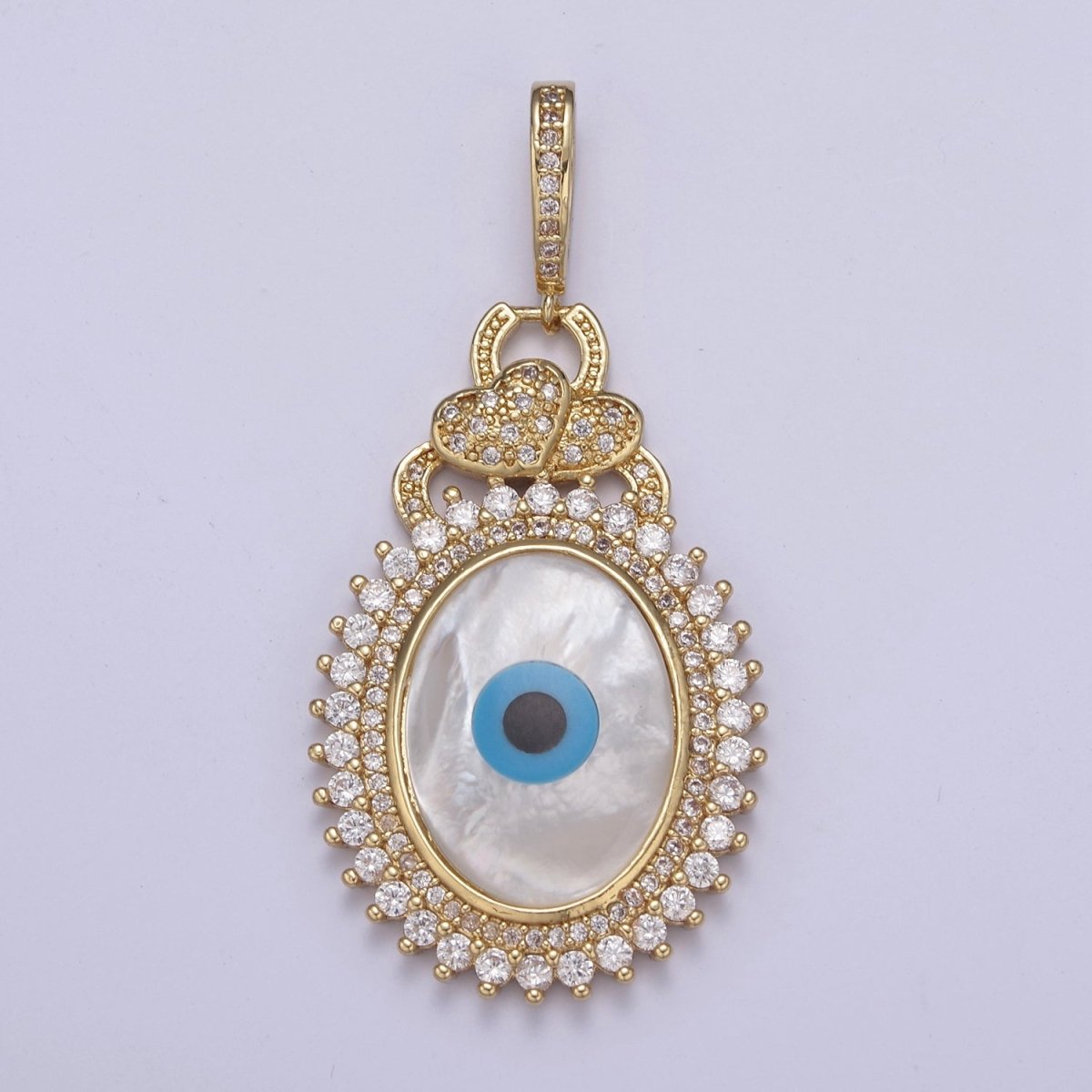 Bold 14K Gold plated Evil Eye Pendant With Shell Pearl Encrusted with Clear Cubic Zirconia CZ Talisman Amulet Pendant For Statement Jewelry Necklace Making H-830 - DLUXCA