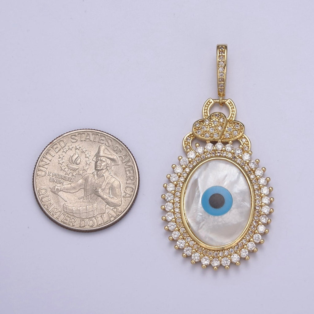 Bold 14K Gold plated Evil Eye Pendant With Shell Pearl Encrusted with Clear Cubic Zirconia CZ Talisman Amulet Pendant For Statement Jewelry Necklace Making H-830 - DLUXCA
