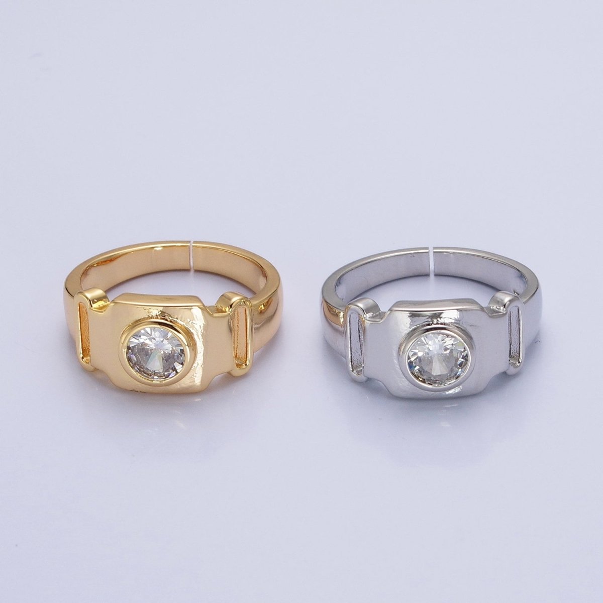 Bold Buckle Gold Ring for Statement Jewelry with Clear CZ Stone Open Adjustable Ring O-1553 O-1554