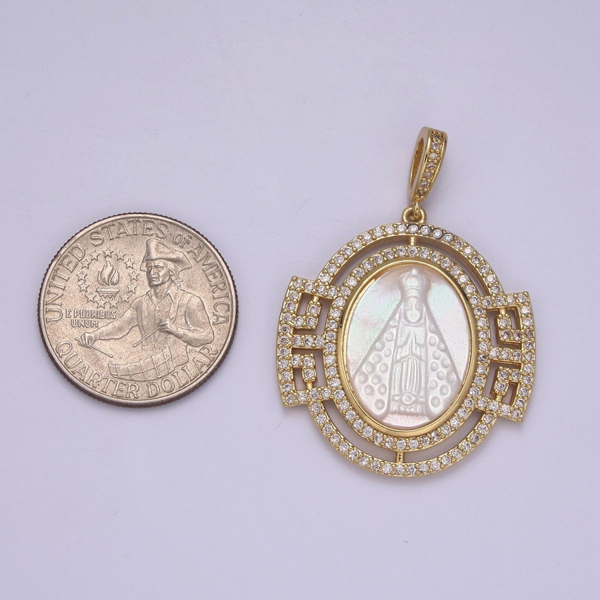 Bold Chunky Medallion Gold plated Cubic Zirconia Mother Of Pearl Virgin Mary Lady of Guadalupe Pendant Necklace for Religious Jewelry Making N-575 - DLUXCA