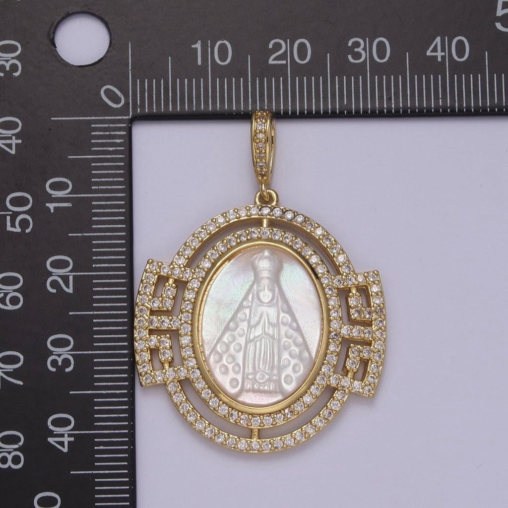 Bold Chunky Medallion Gold plated Cubic Zirconia Mother Of Pearl Virgin Mary Lady of Guadalupe Pendant Necklace for Religious Jewelry Making N-575 - DLUXCA