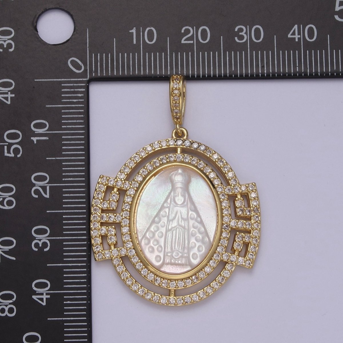 Bold Chunky Medallion Gold plated Cubic Zirconia Mother Of Pearl Virgin Mary Lady of Guadalupe Pendant Necklace for Religious Jewelry Making N-575 - DLUXCA