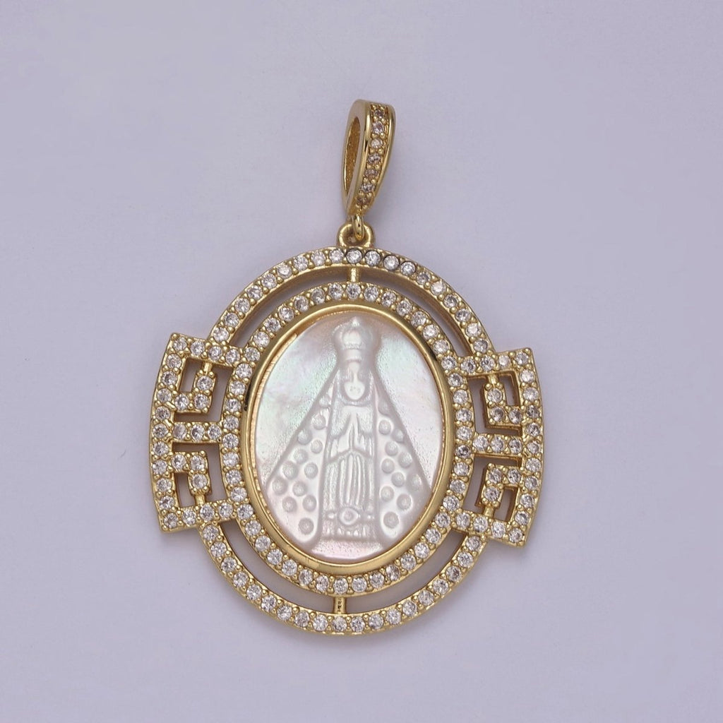 Bold Chunky Medallion Gold plated Cubic Zirconia Mother Of Pearl Virgin Mary Lady of Guadalupe Pendant Necklace for Religious Jewelry Making N-575 - DLUXCA
