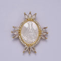 Bold Clear CZ Micro Pave Miraculous Lady Oval Shape Pendant Charm, Cubic Zirconia Medallion Virgin Mary Mother Of Pearl Charm N-573 - DLUXCA