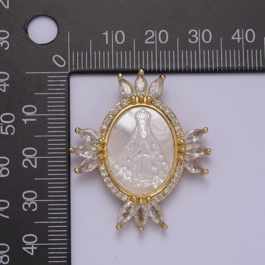 Bold Clear CZ Micro Pave Miraculous Lady Oval Shape Pendant Charm, Cubic Zirconia Medallion Virgin Mary Mother Of Pearl Charm N-573 - DLUXCA