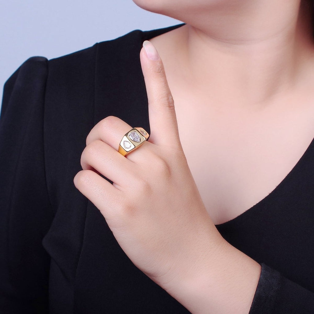 Bold Signet Ring Tear Drop CZ Stone For Statement Jewelry O-2201 - DLUXCA