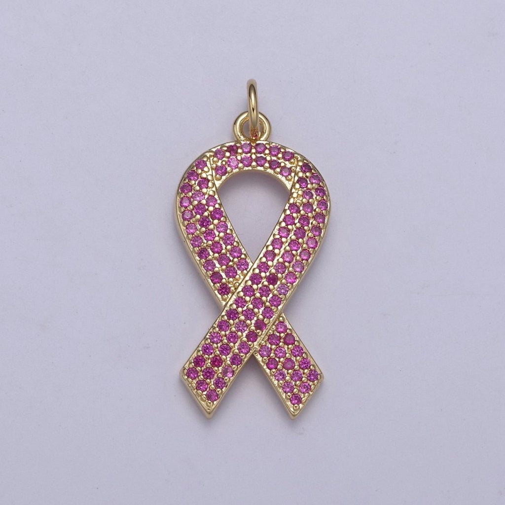 Breast Cancer Awareness PiNK Ribbon Gold plated PENDANT for Necklace Bracelet component N-372 - DLUXCA