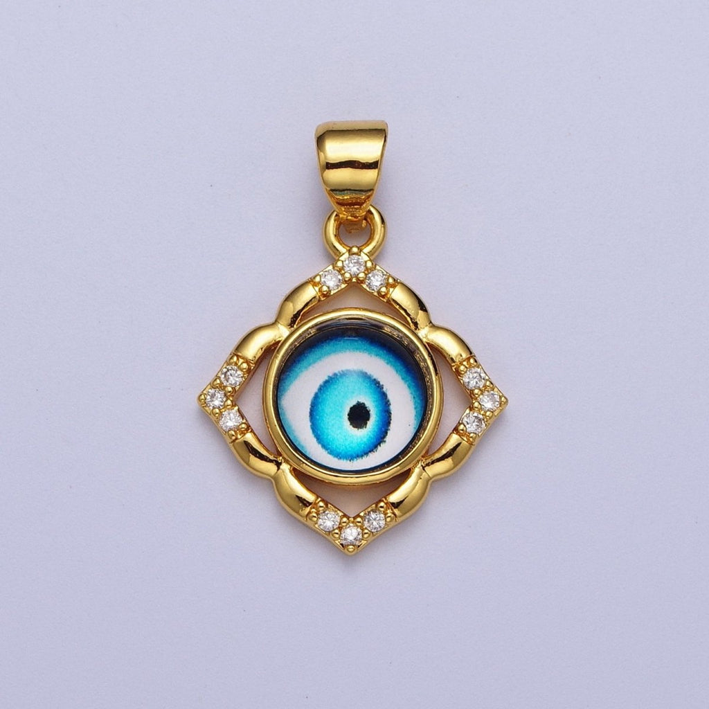 Bright Blue Evil Eye Gold Floral Patterned Pendant, 24K Gold plated Blue Hypnotic Eye of Ra Clear Micro Paved CZ Florette Charm | X-685 - DLUXCA