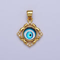 Bright Blue Evil Eye Gold Floral Patterned Pendant, 24K Gold plated Blue Hypnotic Eye of Ra Clear Micro Paved CZ Florette Charm | X-685 - DLUXCA