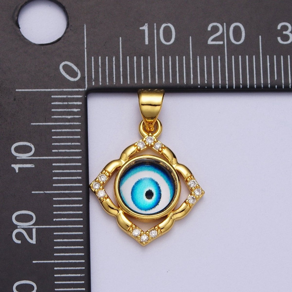 Bright Blue Evil Eye Gold Floral Patterned Pendant, 24K Gold plated Blue Hypnotic Eye of Ra Clear Micro Paved CZ Florette Charm | X-685 - DLUXCA