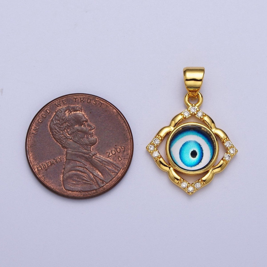 Bright Blue Evil Eye Gold Floral Patterned Pendant, 24K Gold plated Blue Hypnotic Eye of Ra Clear Micro Paved CZ Florette Charm | X-685 - DLUXCA