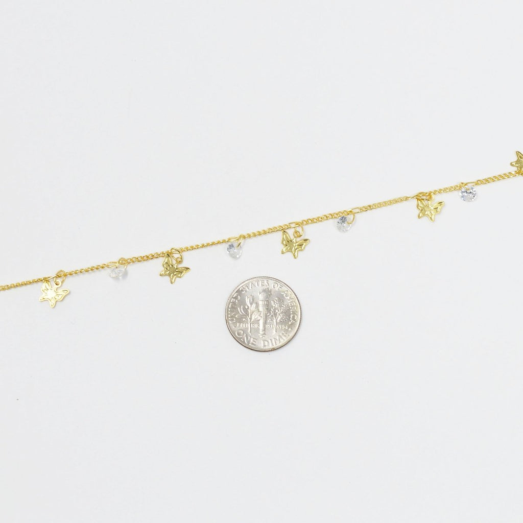 Butterfly 24K Gold plated Cubic CURB Chain by Yard, Monarch CZ Charm Specialty Link Chain by Foot, Moth 6.9X6mm Chain 0.7mm Thick Designed Chain | ROLL-413 Clearance Pricing - DLUXCA