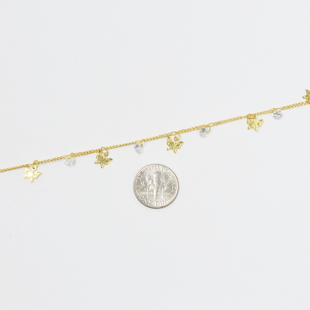 Butterfly 24K Gold plated Cubic CURB Chain by Yard, Monarch CZ Charm Specialty Link Chain by Foot, Moth 6.9X6mm Chain 0.7mm Thick Designed Chain | ROLL-413 Clearance Pricing - DLUXCA