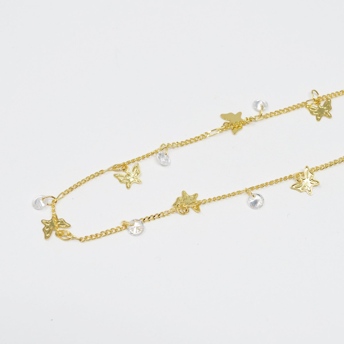 Butterfly 24K Gold plated Cubic CURB Chain by Yard, Monarch CZ Charm Specialty Link Chain by Foot, Moth 6.9X6mm Chain 0.7mm Thick Designed Chain | ROLL-413 Clearance Pricing - DLUXCA