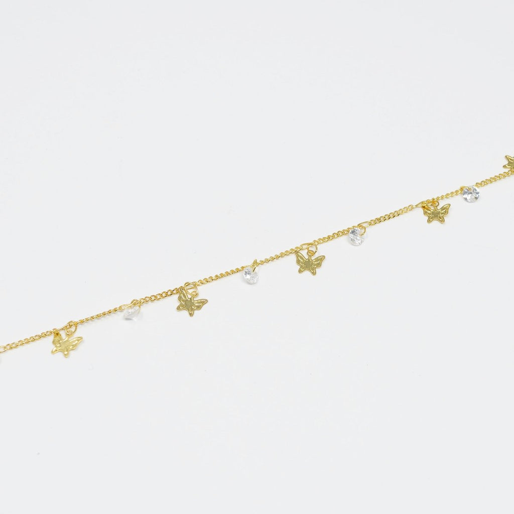 Butterfly 24K Gold plated Cubic CURB Chain by Yard, Monarch CZ Charm Specialty Link Chain by Foot, Moth 6.9X6mm Chain 0.7mm Thick Designed Chain | ROLL-413 Clearance Pricing - DLUXCA