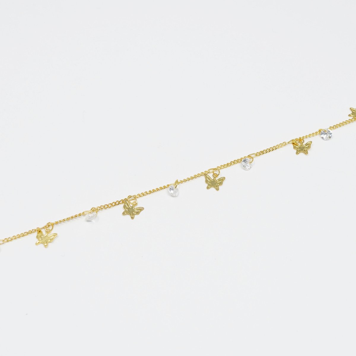 Butterfly 24K Gold plated Cubic CURB Chain by Yard, Monarch CZ Charm Specialty Link Chain by Foot, Moth 6.9X6mm Chain 0.7mm Thick Designed Chain | ROLL-413 Clearance Pricing - DLUXCA