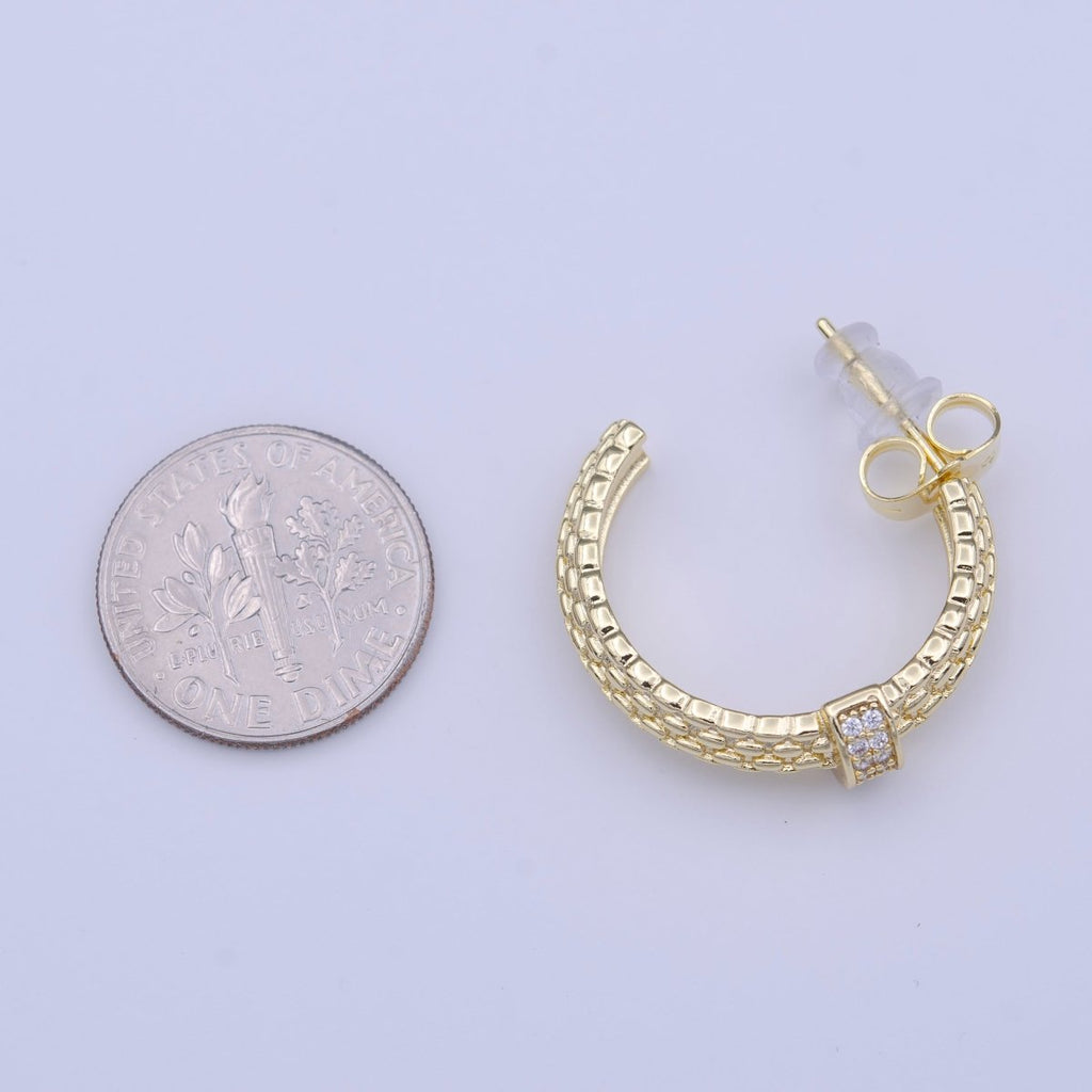 C-Shaped Beaded Gold Micro Paved CZ Lined Bar Stud Hoop Earrings | Y-214 - DLUXCA