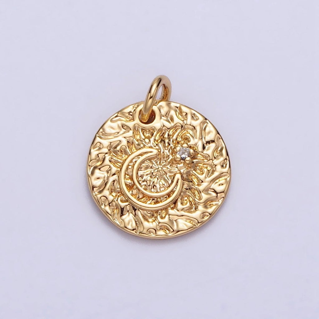Celestial Crescent Moon Hammered Round Disc Charm in Silver & Gold | AC229 AC302