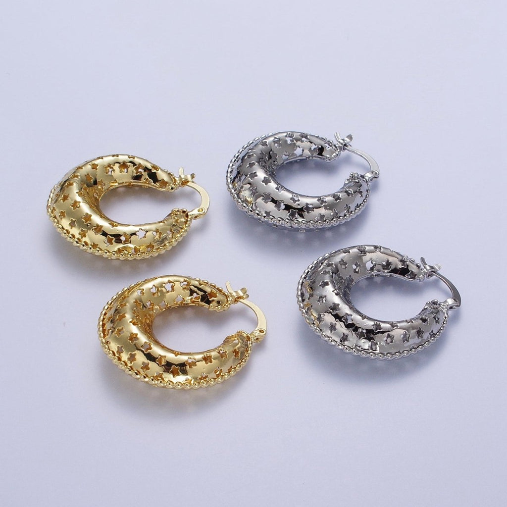 Celestial Stars Dome Hoop Latch Earrings in Gold & Silver |  AD-098 AD-099