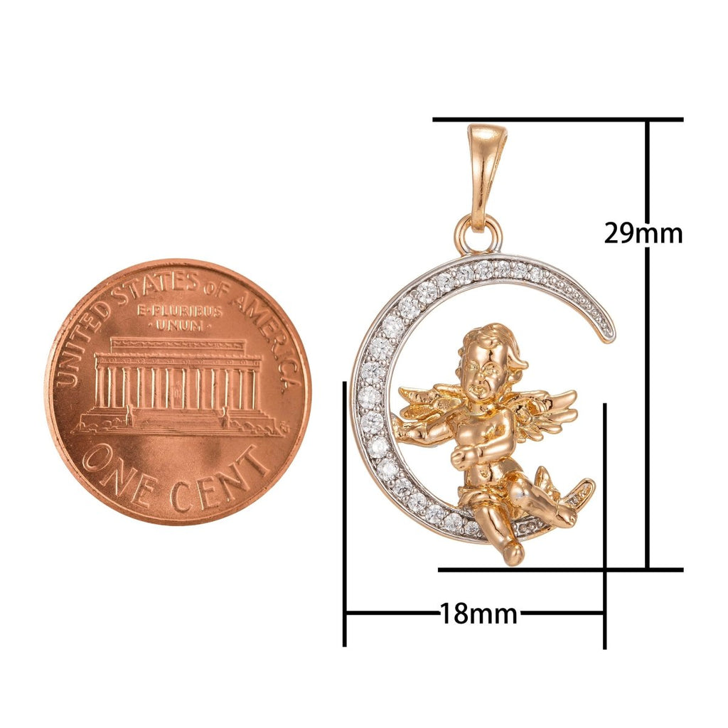 Cherub in the Moon Pendant Micro Pave Gold Moon Charm Necklace Moon Pendant in 18k Gold plated Cherub Necklace Cubic Baby Angel Jewelry I-251 - DLUXCA