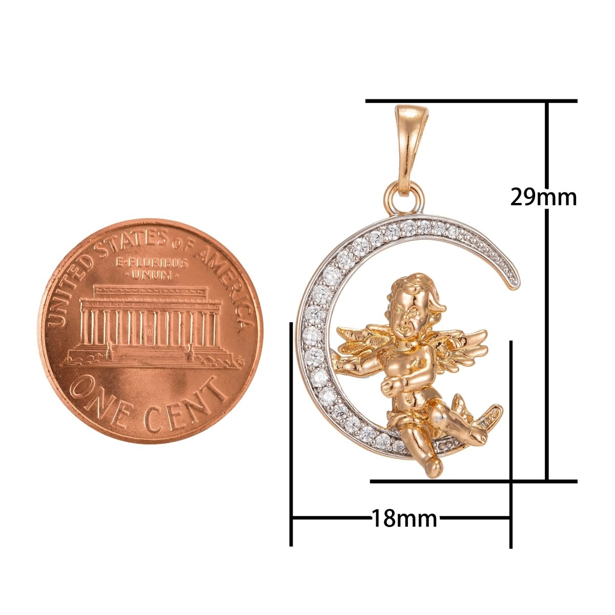 Cherub in the Moon Pendant Micro Pave Gold Moon Charm Necklace Moon Pendant in 18k Gold plated Cherub Necklace Cubic Baby Angel Jewelry I-251 - DLUXCA