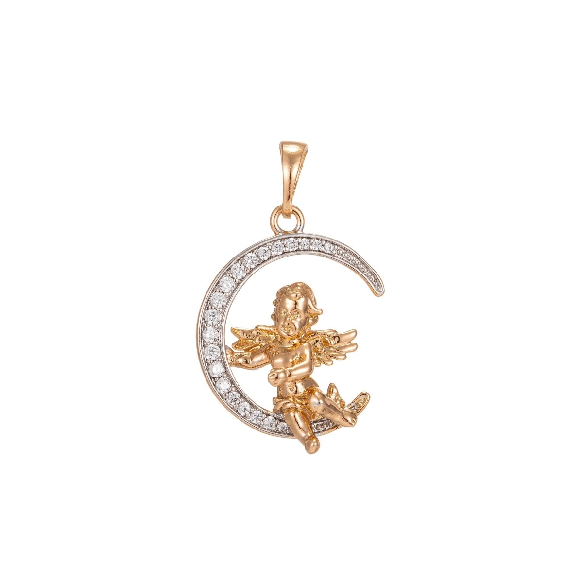 Cherub in the Moon Pendant Micro Pave Gold Moon Charm Necklace Moon Pendant in 18k Gold plated Cherub Necklace Cubic Baby Angel Jewelry I-251 - DLUXCA