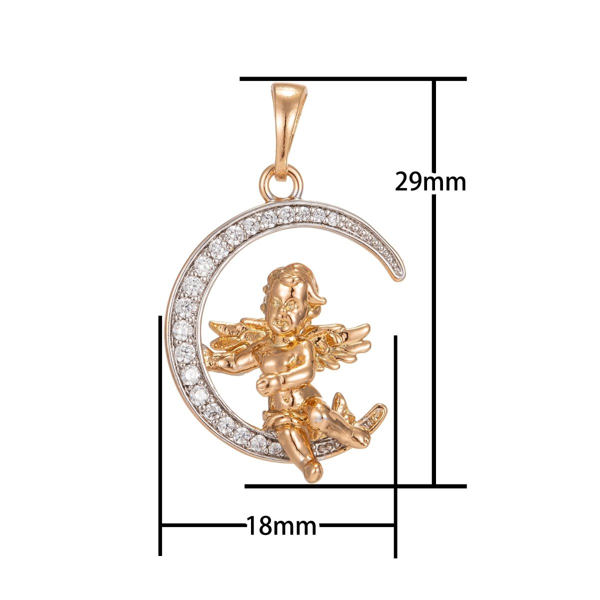 Cherub in the Moon Pendant Micro Pave Gold Moon Charm Necklace Moon Pendant in 18k Gold plated Cherub Necklace Cubic Baby Angel Jewelry I-251 - DLUXCA