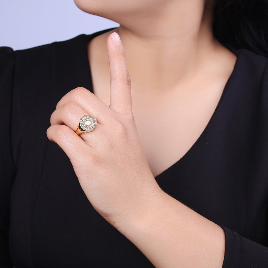 Chunky 24K Gold plated Crystal Zirconia CZ Ring, White Blue Pink Opal Statement Ring | U-454 ~ U-456