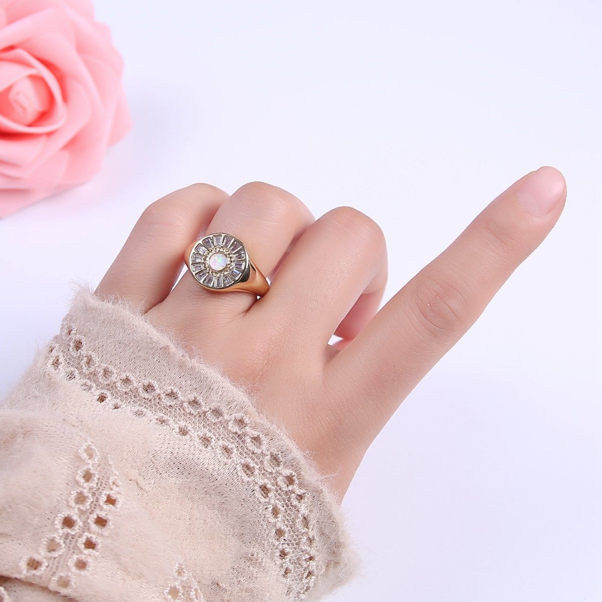 Chunky 24K Gold plated Crystal Zirconia CZ Ring, White Blue Pink Opal Statement Ring | U-454 ~ U-456