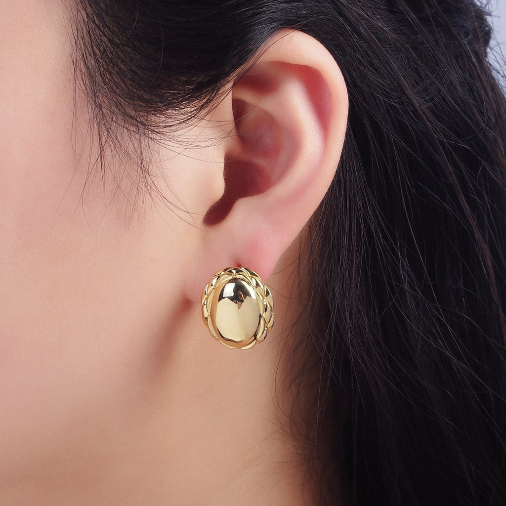 Chunky 24K Gold plated Oval Quilt Textured Stud Earrings | T309 T310