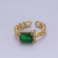 Chunky Emerald Green Cz Stone Ring in 18k Gold plated Curb Chain Link Band Open Adjustable O-2080 - DLUXCA