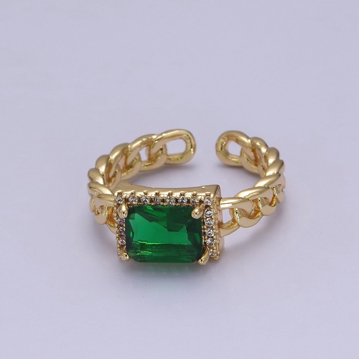 Chunky Emerald Green Cz Stone Ring in 18k Gold plated Curb Chain Link Band Open Adjustable O-2080 - DLUXCA