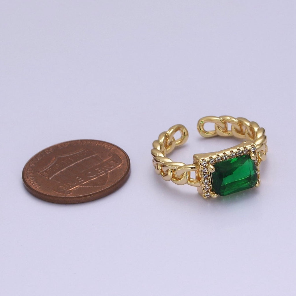 Chunky Emerald Green Cz Stone Ring in 18k Gold plated Curb Chain Link Band Open Adjustable O-2080 - DLUXCA