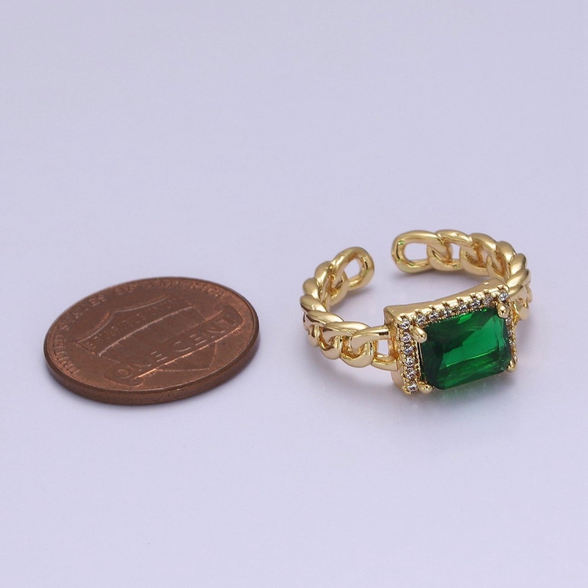 Chunky Emerald Green Cz Stone Ring in 18k Gold plated Curb Chain Link Band Open Adjustable O-2080 - DLUXCA